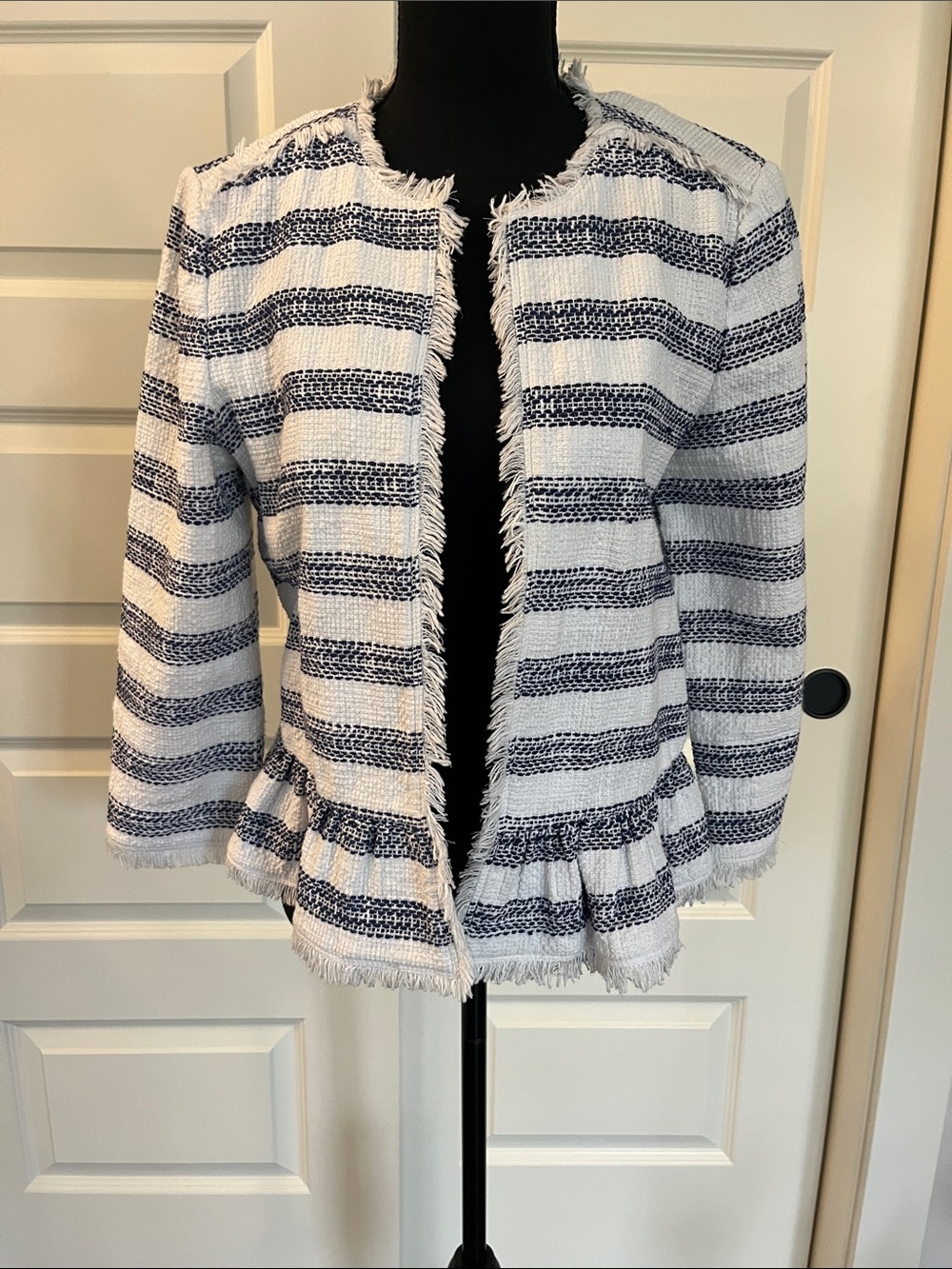 kate spade White & Navy Striped Fringe Open-Front Jacket